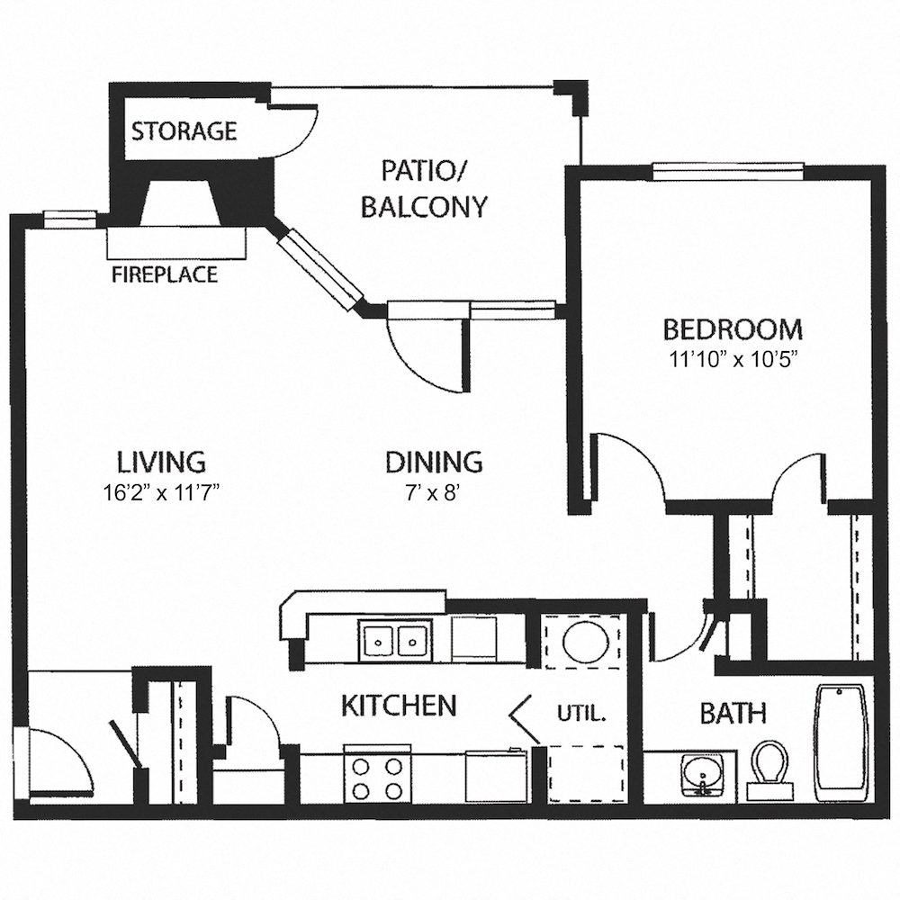 Floor plan for 1 bed, 1 bath, 701 sqft